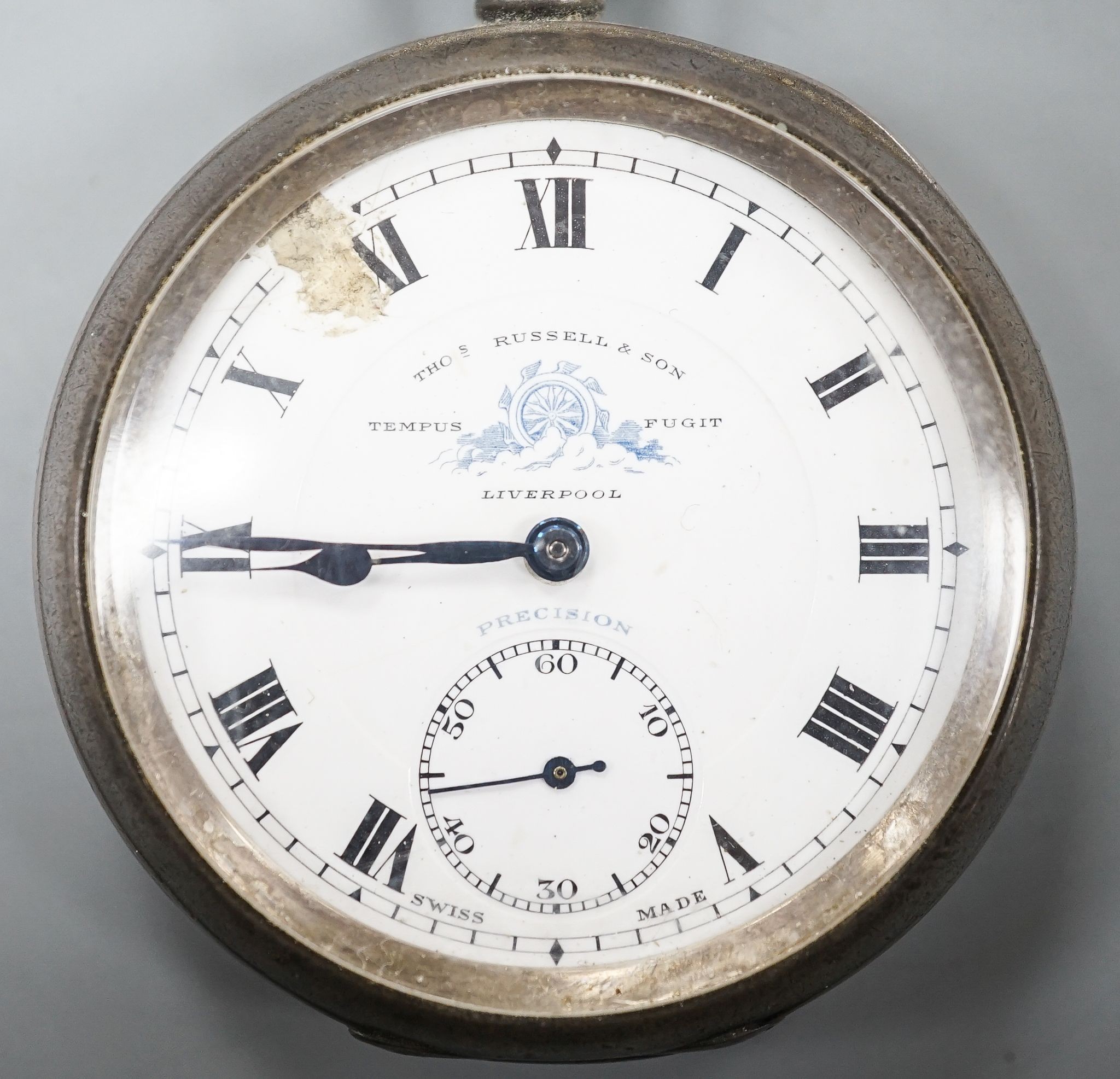 A George V silver open faced keyless pocket watch, by Thomas Russell & Son, Liverpool, with Roman dial and subsidiary seconds, (dial a.f.).